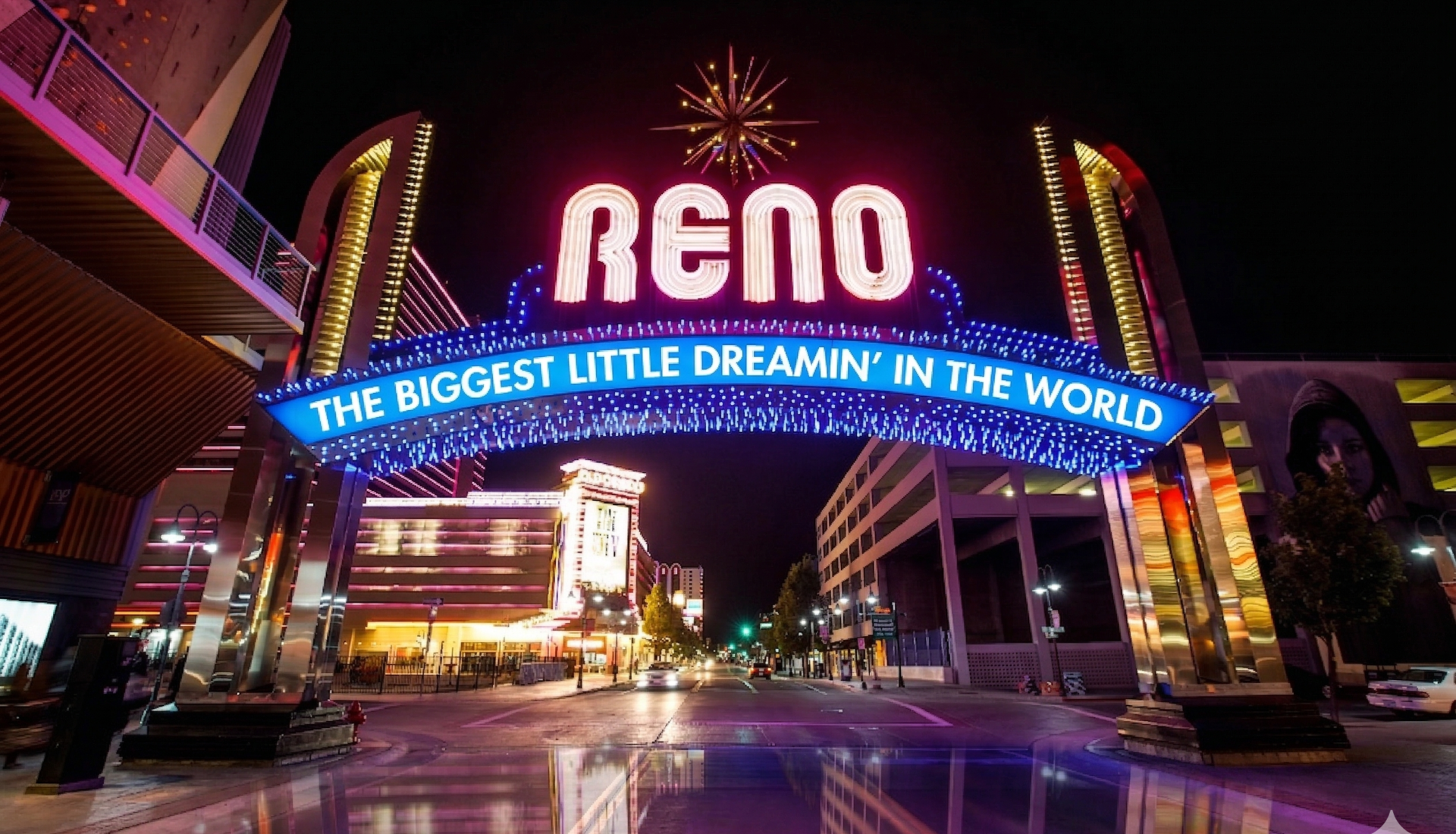 The Reno Arch illuminated at night
